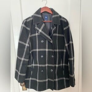 Gap Size Large Double Breasted Black and White Plaid Wool Coat